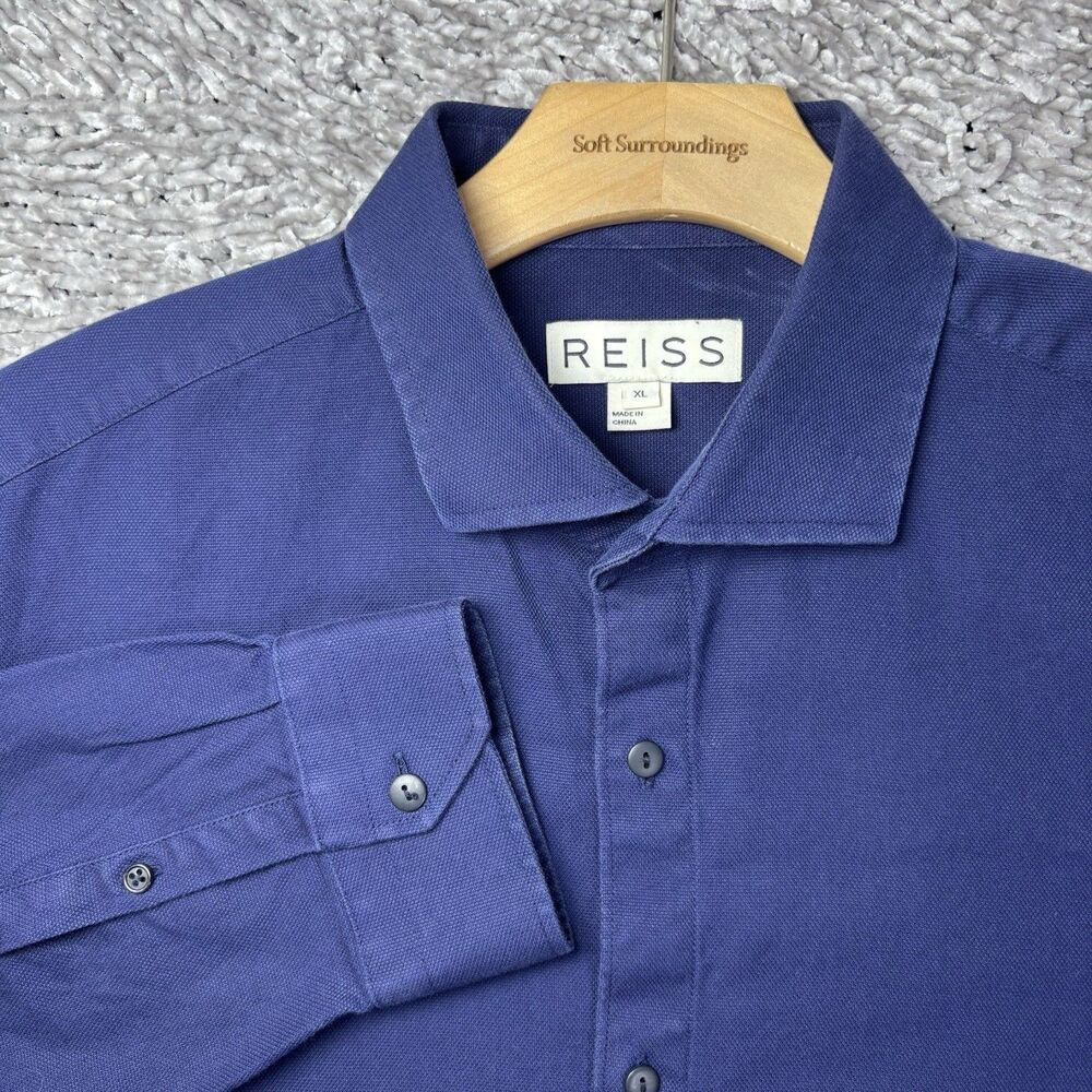 REISS Button Shirt Mens XL Navy Blue Long Sleeve Preppy Business Casual Workwear